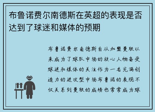 布鲁诺费尔南德斯在英超的表现是否达到了球迷和媒体的预期